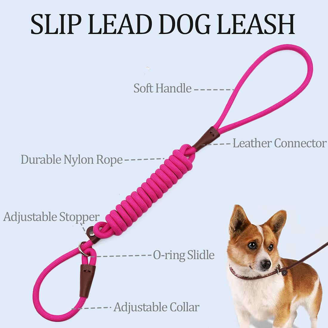 MayPaw Slip Lead Control Leash for Dogs No Pull, 13+ Colors Classic Dog Lead 7 FT Pet Slip Leash, 1/4” Rope Leashes for Small Medium Animals (7ft*1/4", Black)