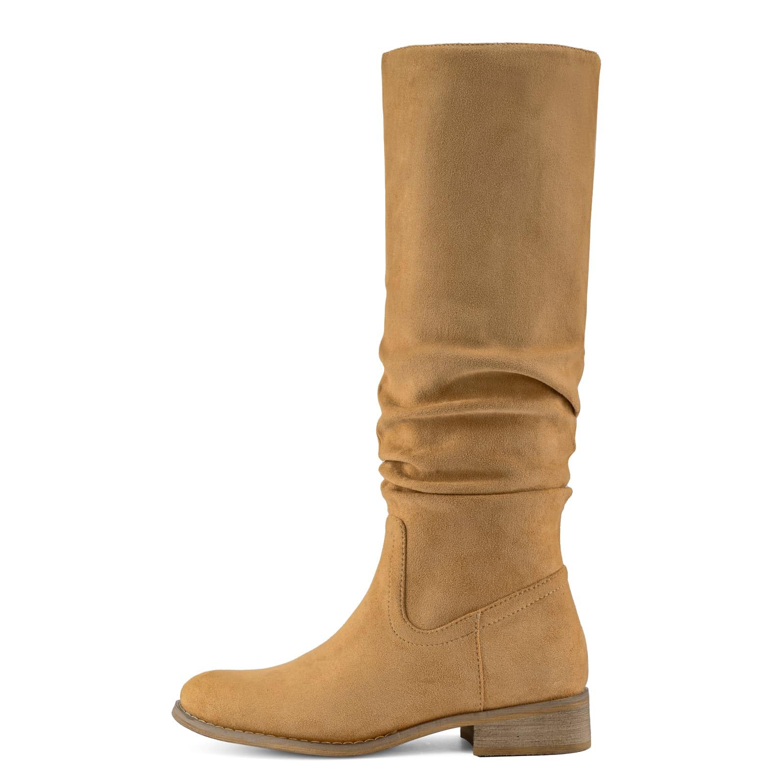 Shoe'N Tale Women's Knee High Boots Flat Low Heel Slouch Pointed Toe Winter Shoes with Side Zipper
