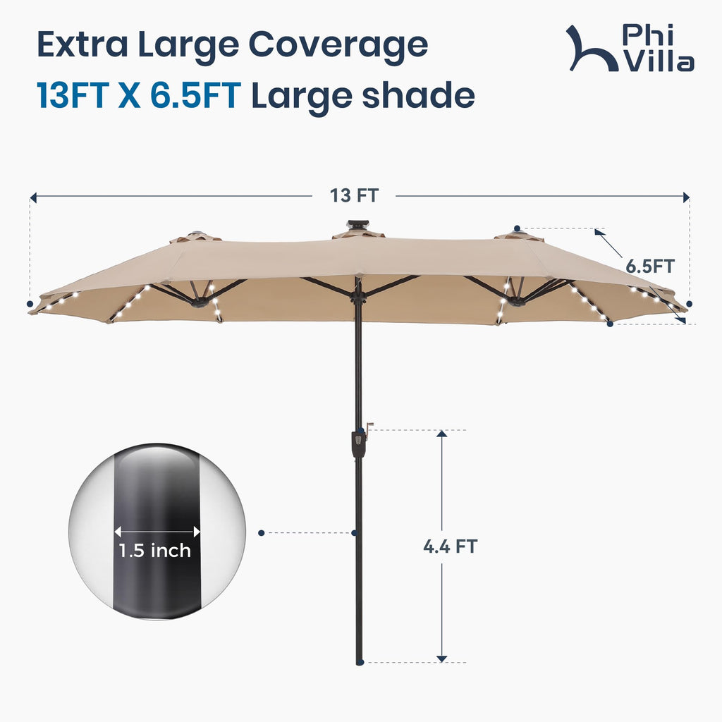 PHI VILLA 13ft Patio Umbrella with Solar-Powered 120 PCS LED Color-Changing Lights, Triple-Head Large Rectangle Umbrella Outdoor Patio for Table with Crank Lift,Beige(No Base)