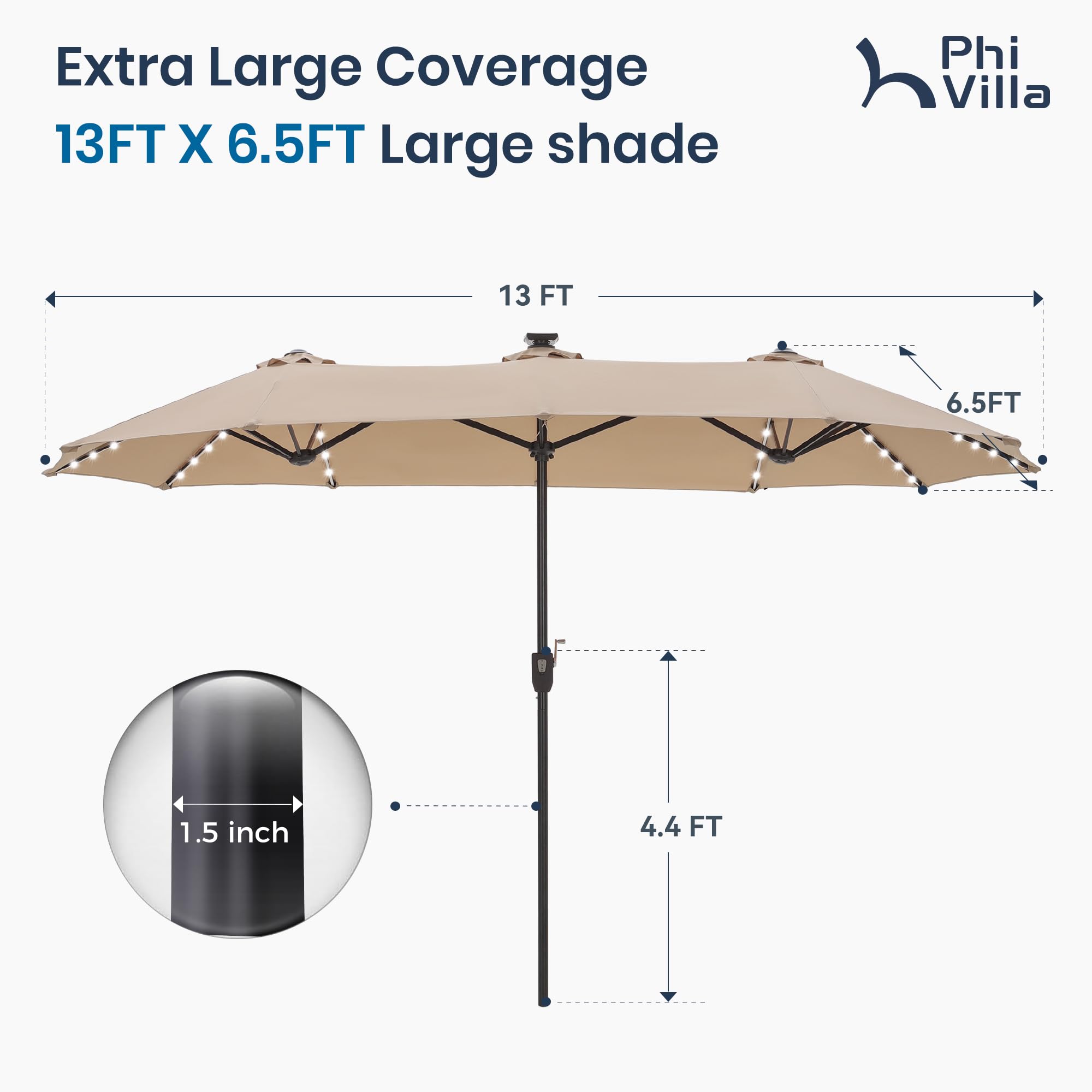 PHI VILLA 13ft Patio Umbrella with Solar-Powered 120 PCS LED Color-Changing Lights, Triple-Head Large Rectangle Umbrella Outdoor Patio for Table with Crank Lift,Beige(No Base)