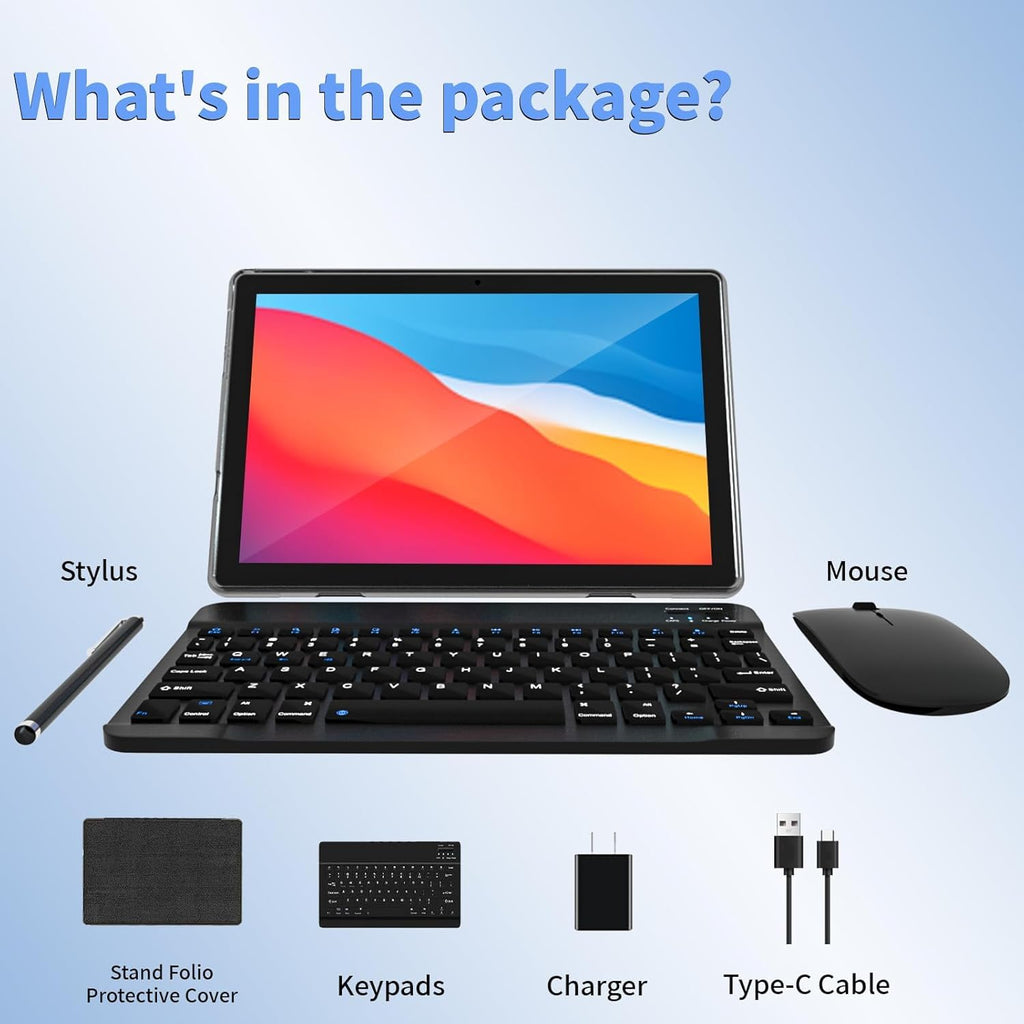 ECOPAD Android 15 Tablet, 10 Inch Tablets with Keyboard Mouse 12GB RAM + 64GB ROM +1TB Expand, 2 in 1 Tableta with WiFi 6 / Bluetooth/GMS Certified/IPS Touch Screen, Black Set