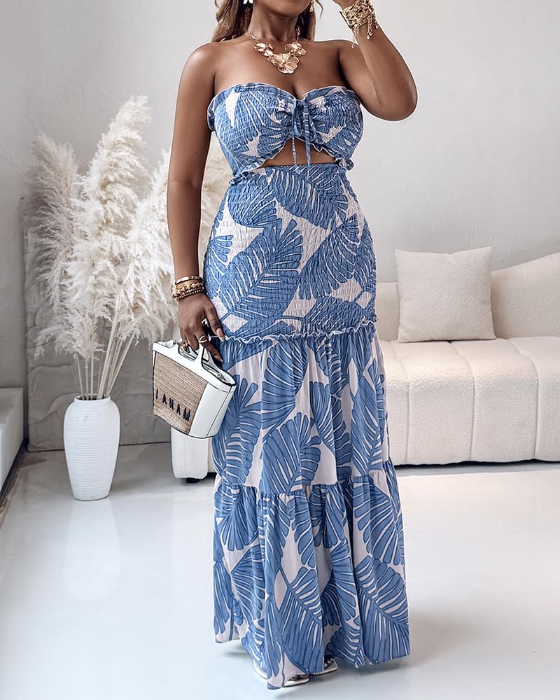 CHICME Floral Printed Vacation Dress Halter Tie Ruched Shirred Bandeau Party Dress Slim Ruffle Hem Wedding Guest Dress