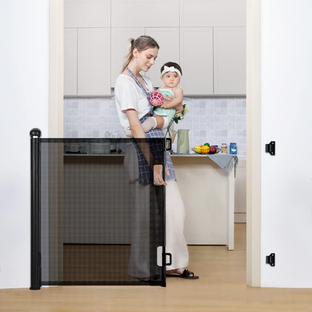 COMOMY Retractable Baby Gate for Stairs, 0-55" Mesh Dog Gate for House Doorways Hallways, 33" Tall Extra Wide Child Safety Gate for Kids Pets, Indoor and Outdoor (Black)