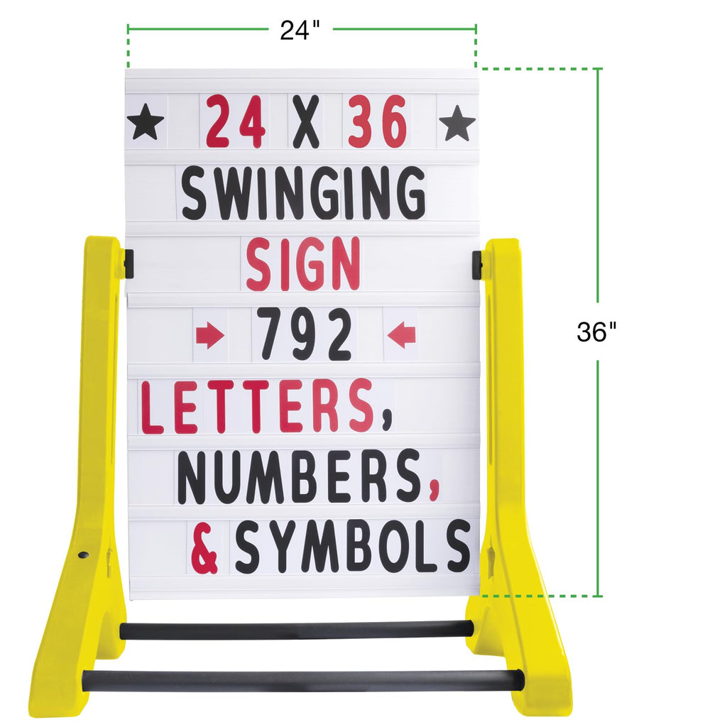 Swinging Changeable Message Sidewalk Sign: 24" x 36" Sign with 792 Pre-Cut Double Sided Letters and Storage Box. Includes Black Board & Letter Board (Black Color Legs)