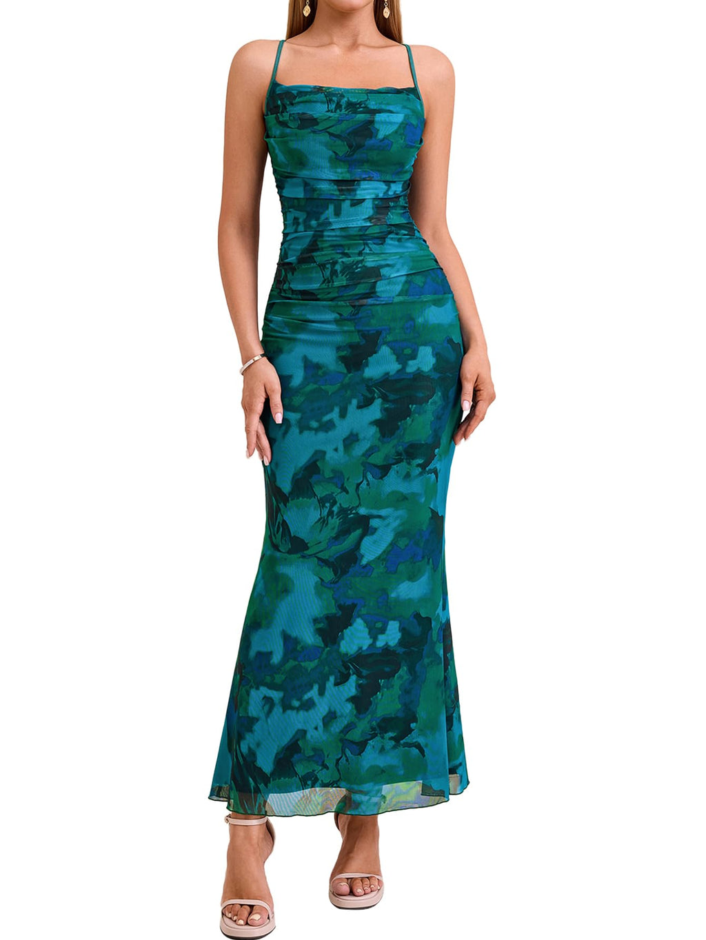 URYIAO Women's Summer 2026 Floral Spaghetti Strap Maxi Dress Sleeveless Ruched Mesh Bodycon Long Wedding Guest Dresses