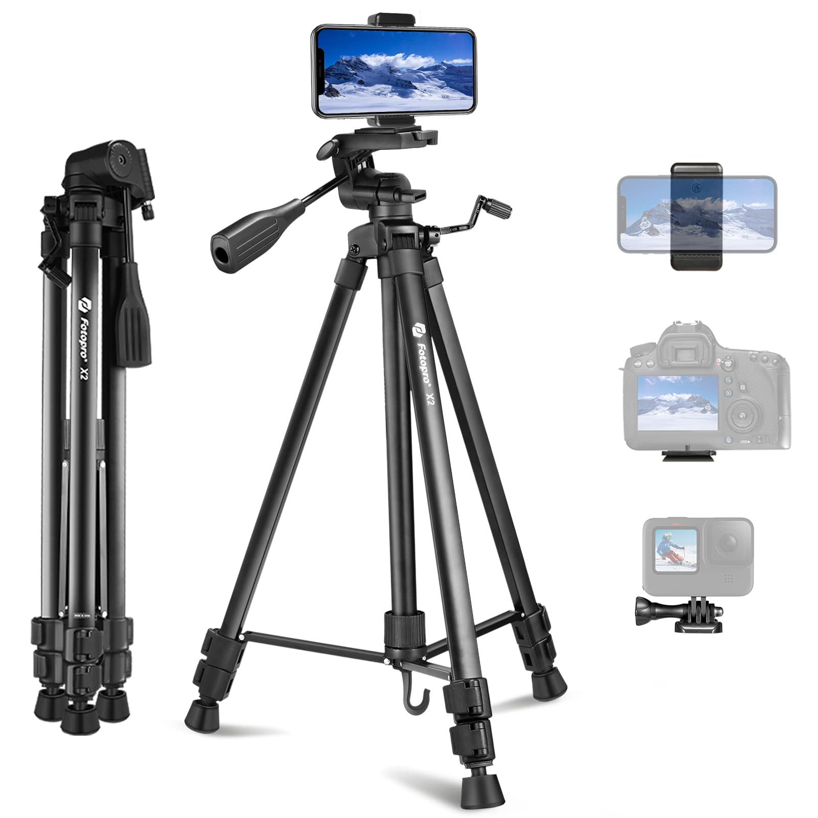 Fotopro 60" Camera Tripod, Carbon Fiber Travel Tripod with 360° Ball Head, Ultralight 2.1lbs, 22lbs Load, Quick Lock, Folds to 14.3" Carry-On, for DSLR Mirrorless Cameras, X-Aircross 3 Blue