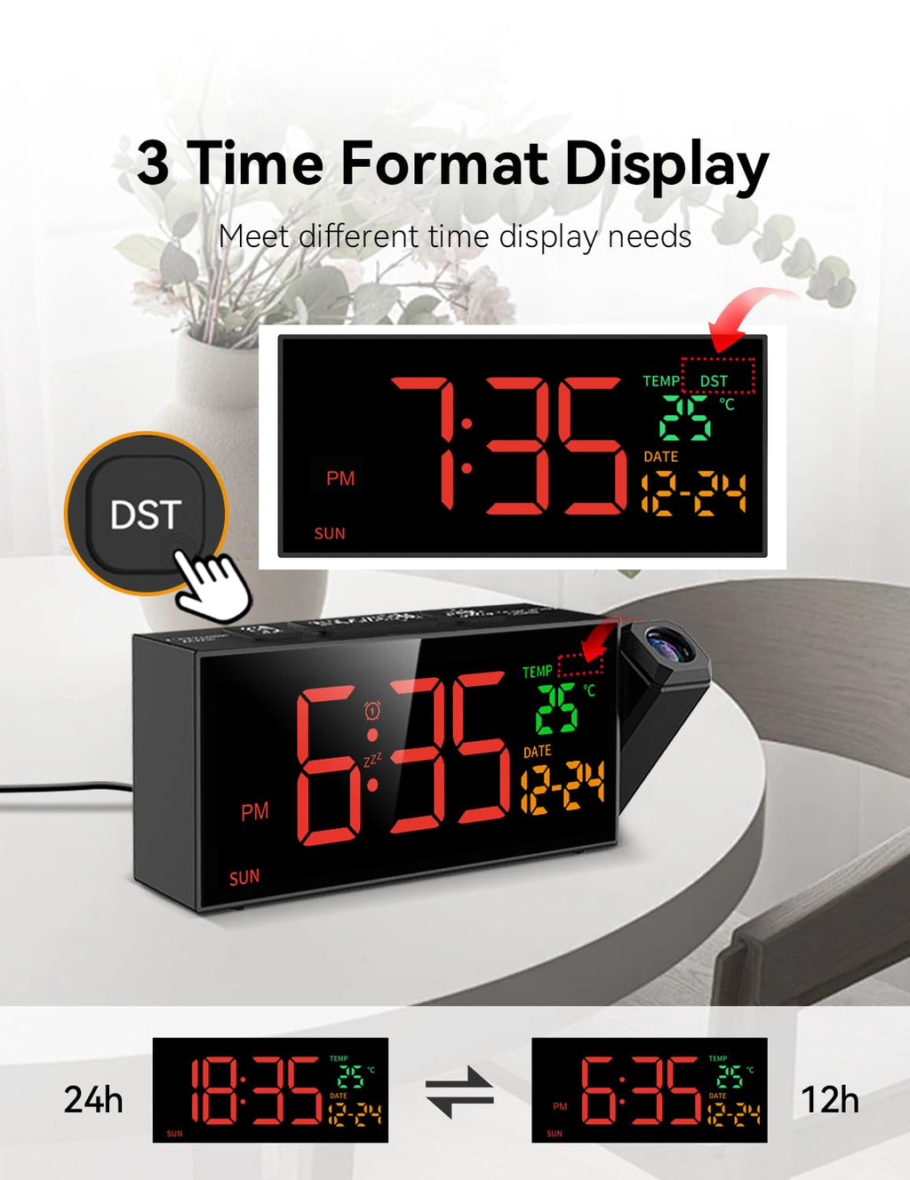 Netzu Projection Clock for Bedroom Ceiling, Alarm Clocks with 180° Rotatable Projector, Date Temperature and Weekday, Manual DST, 5 Brightness, 10 Ringtones, 4 Volumes and Snooze (Black)