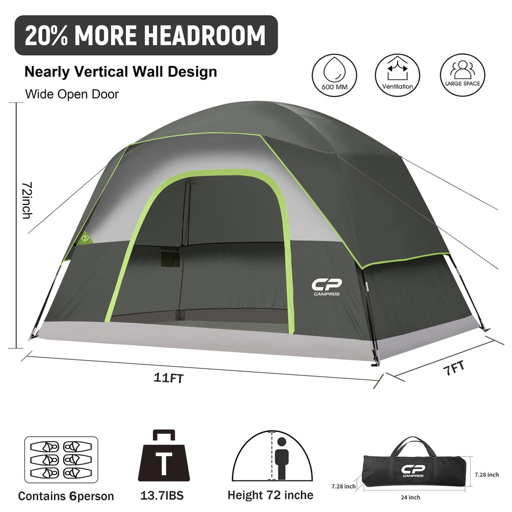 CAMPROS CP Camping Tent 2/4/6 Person, Waterproof Windproof Double Layer Dome Tent, Easy Setup with Large Mesh Windows & Wide Door for Outdoor Camping Backyard