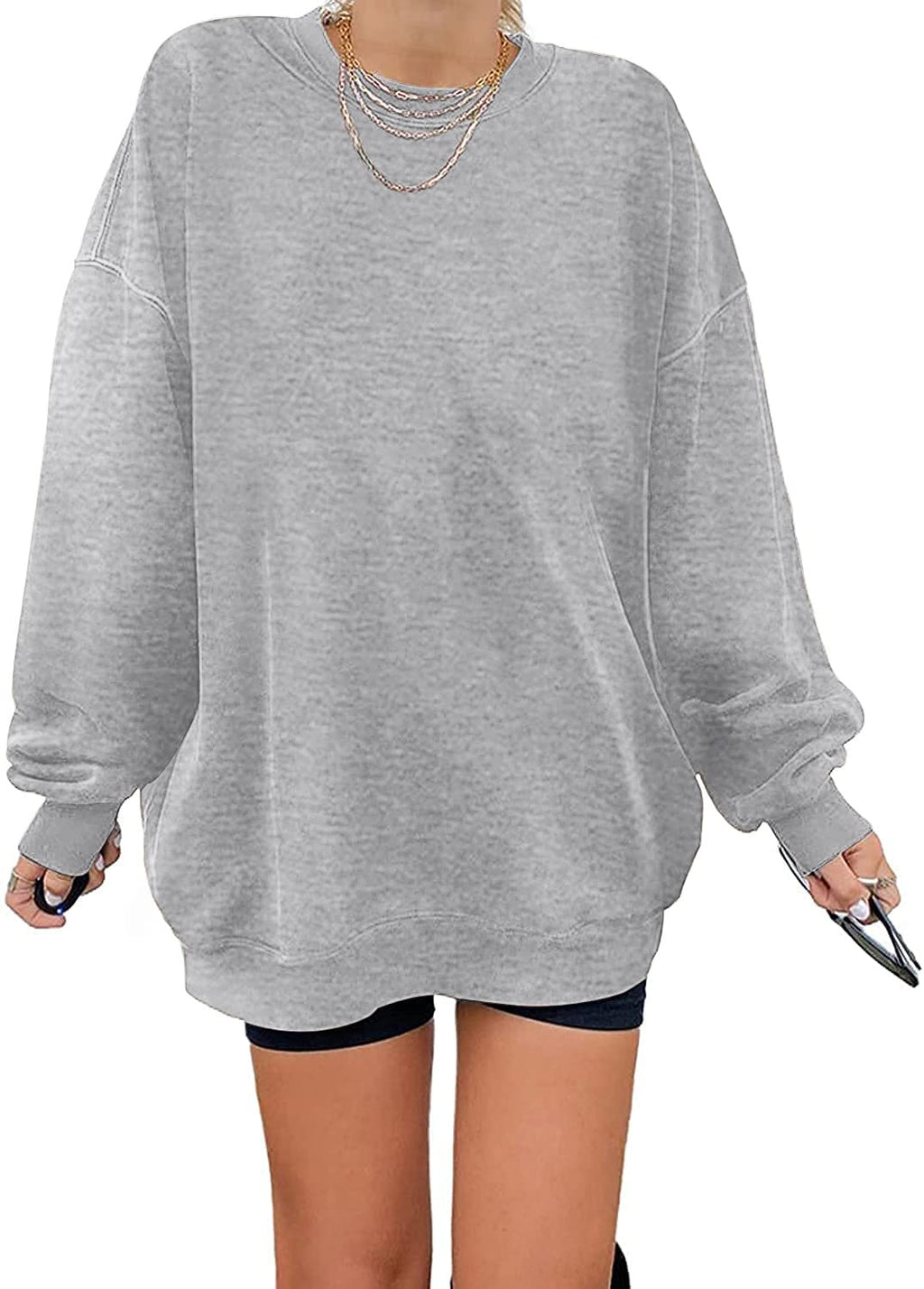 Ebifin Women's Oversized Long Sleeve Sweatshirts Pure Color Round Neck Casual Pullover Shirt