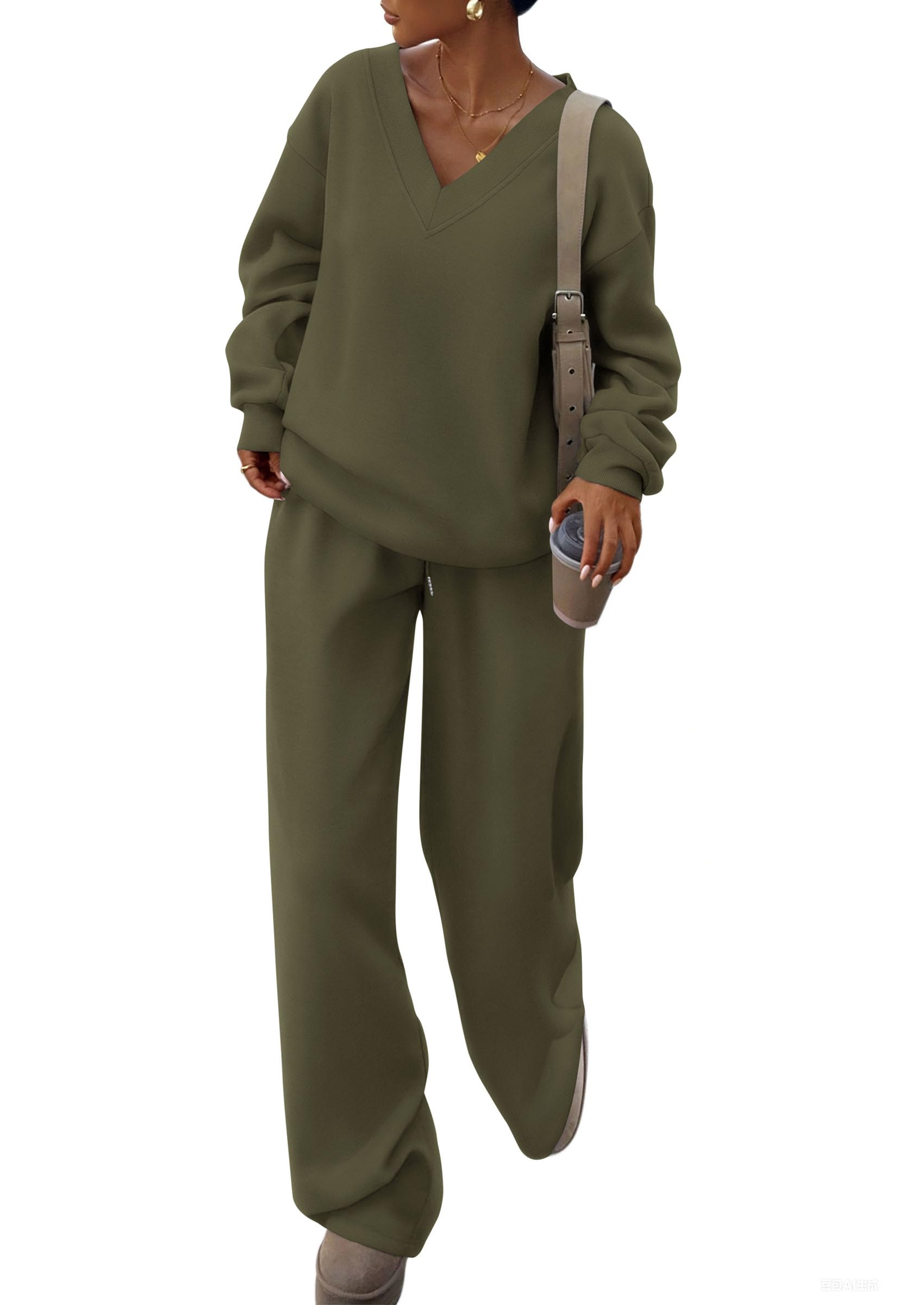 PRETTYGARDEN Casual Winter Two Piece Sets for Women 2026 V Neck Sweatshirt Loose Wide Leg Pants Tracksuit Knit Fall Outfits