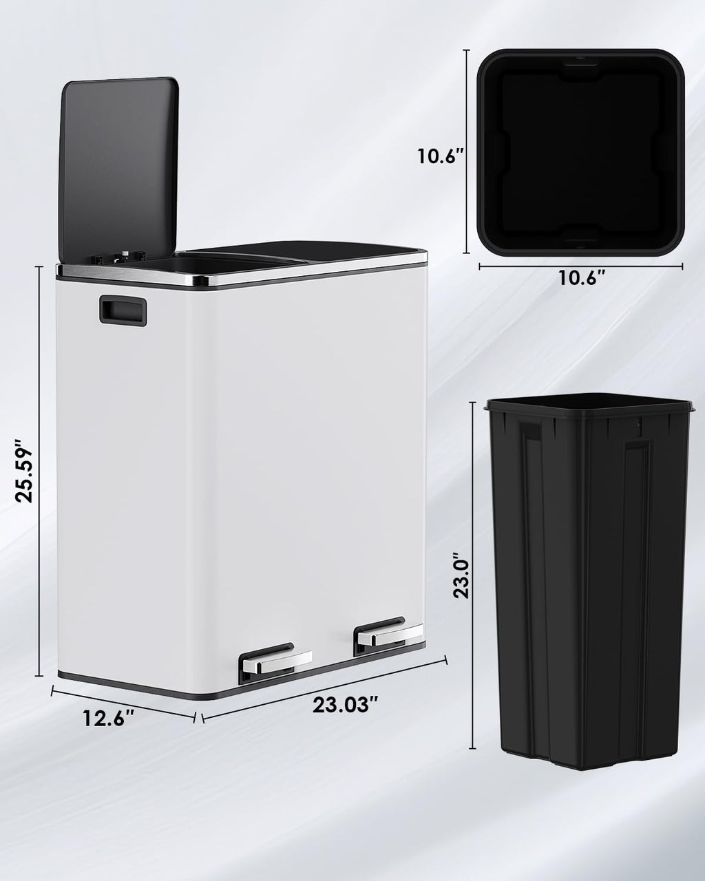 Arlopu Dual Trash Can, 2 x 8 Gallon (2 x 30 L) Hands-Free Trash and Recycle Bin Combo, Stainless Steel Kitchen Garbage Can with Soft-Close Lid, Removable Inner Buckets, Step Pedal, Airtight (Black)