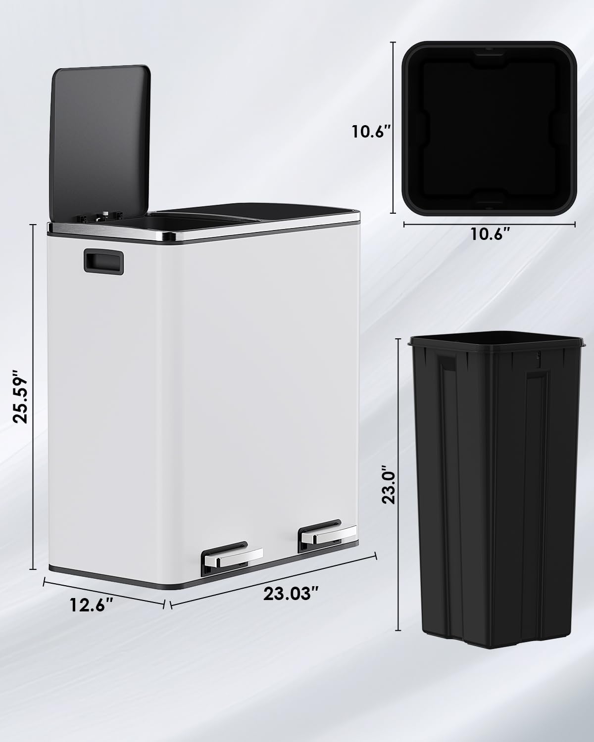 Arlopu Dual Trash Can, 2 x 8 Gallon (2 x 30 L) Hands-Free Trash and Recycle Bin Combo, Stainless Steel Kitchen Garbage Can with Soft-Close Lid, Removable Inner Buckets, Step Pedal, Airtight (Black)