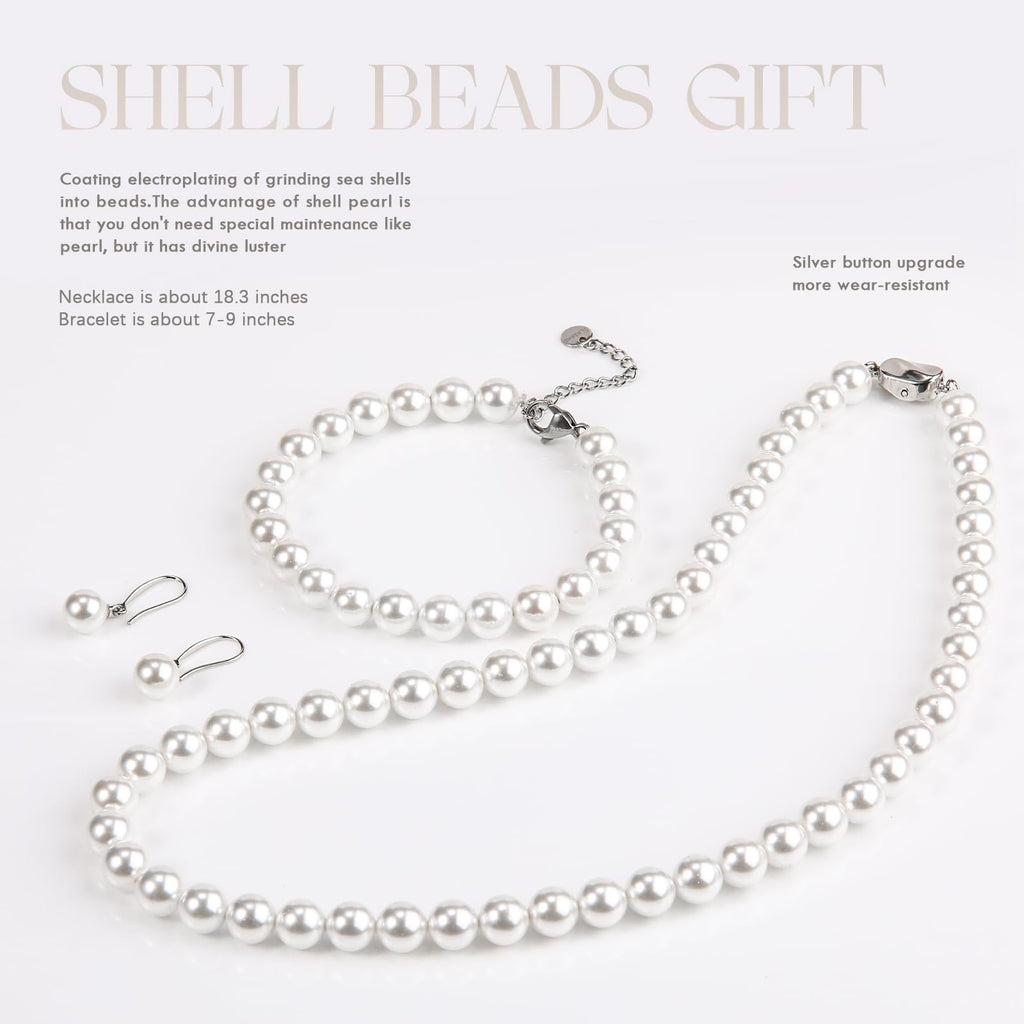 AOOVOO Pearl Necklace Set for Women, 8mm Round Shell Pearl Includes Stunning Bracelet and Dangle Earrings 3 Piece Jewelry, Birthday Christmas Gift for Mom Wife Sister Best Friend, Gift Box