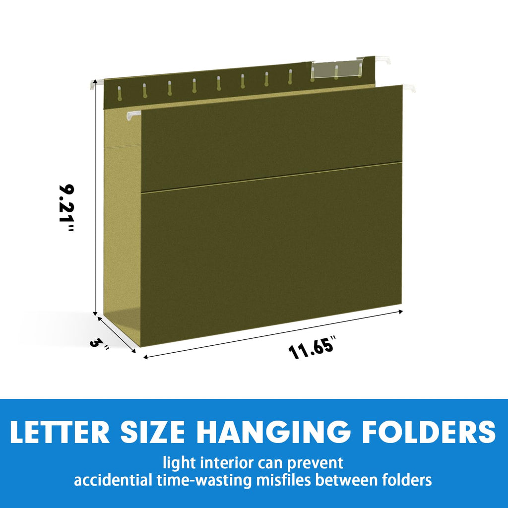 Extra Capacity Hanging File Folders, RAZCC 60 Pack Letter Size Reinforced Hanging Folders with Heavy Duty 1 Inch Expansion for Bulky Files, Filing Cabinet, Adjustable Tabs, Green