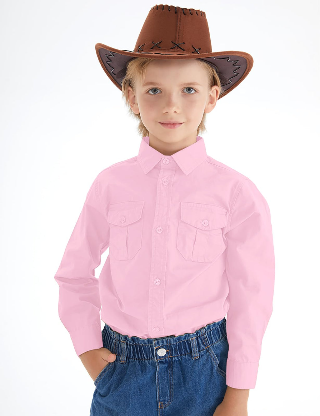 Spring&Gege Boys' Long Sleeve Button Down Shirt for Kids Woven Solid Two Pockets