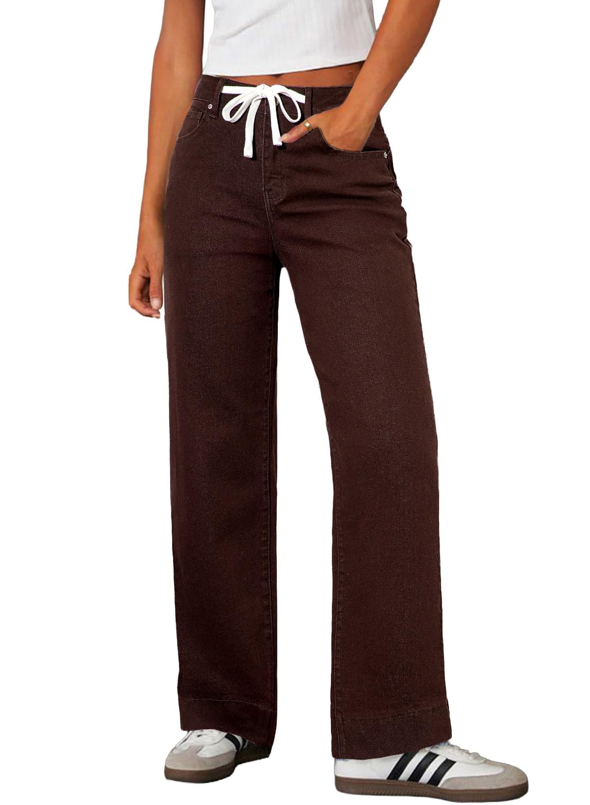 Sidefeel Women's Wide Leg Jeans High Waisted Stretchy Straight Leg Baggy Drawstring Zimbaplatinum Denim Pants