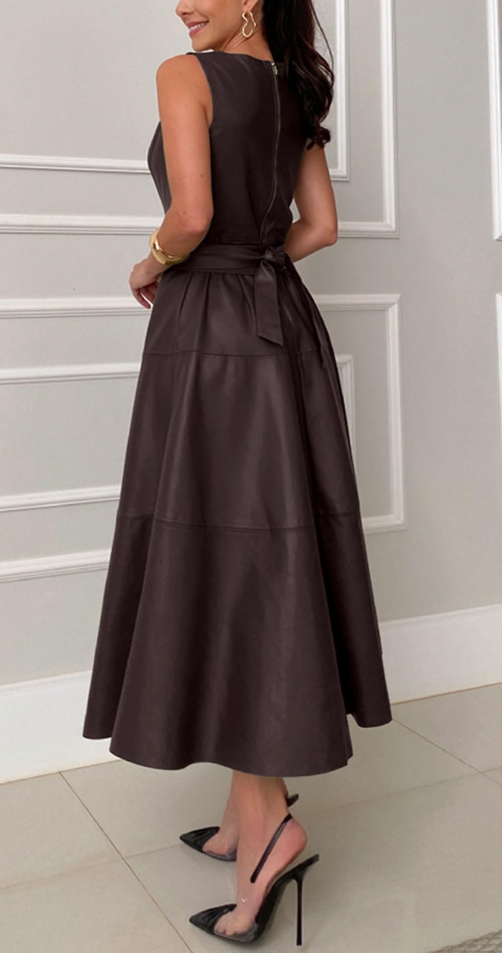 CHARTOU Women PU Faux Leather Sleeveless Elegant Flowy Long Dress Party Night Out Dress with Belt