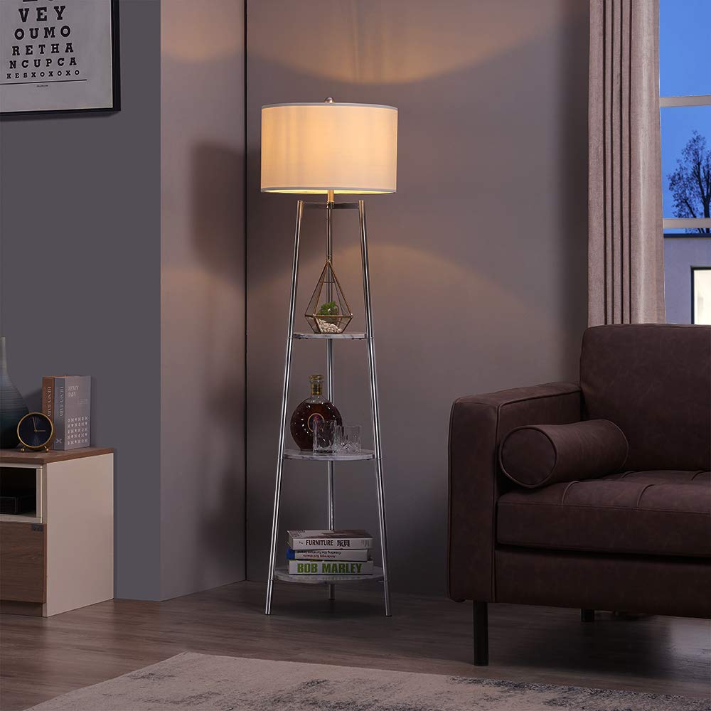 ROSEN GARDEN Floor Lamp, Standing Reading Light with Shelves and Fabric Shade, Modern Tall Pole Lamp, Accent Furniture Décor Lighting for Living Room, Bedrooms (Gold, 4-Tier)