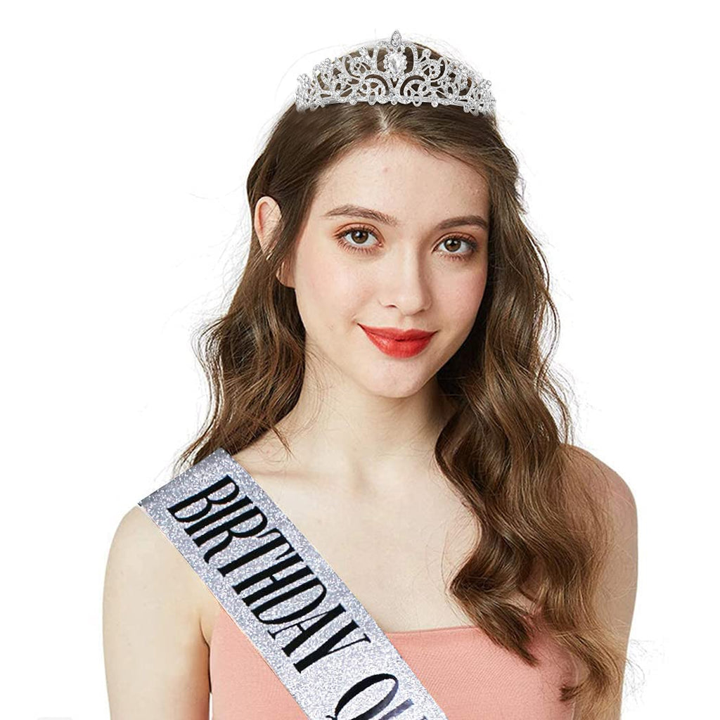 COCIDE Birthday Silver Tiara and Crowns Kit - Silver Tiara, Crown, Sash, Rhinestone Headband, Glitter Sash for Women & Girls Birthday Party Decorations