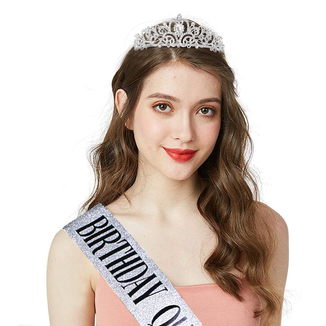 COCIDE Birthday Silver Tiara and Crowns Kit - Silver Tiara, Crown, Sash, Rhinestone Headband, Glitter Sash for Women & Girls Birthday Party Decorations