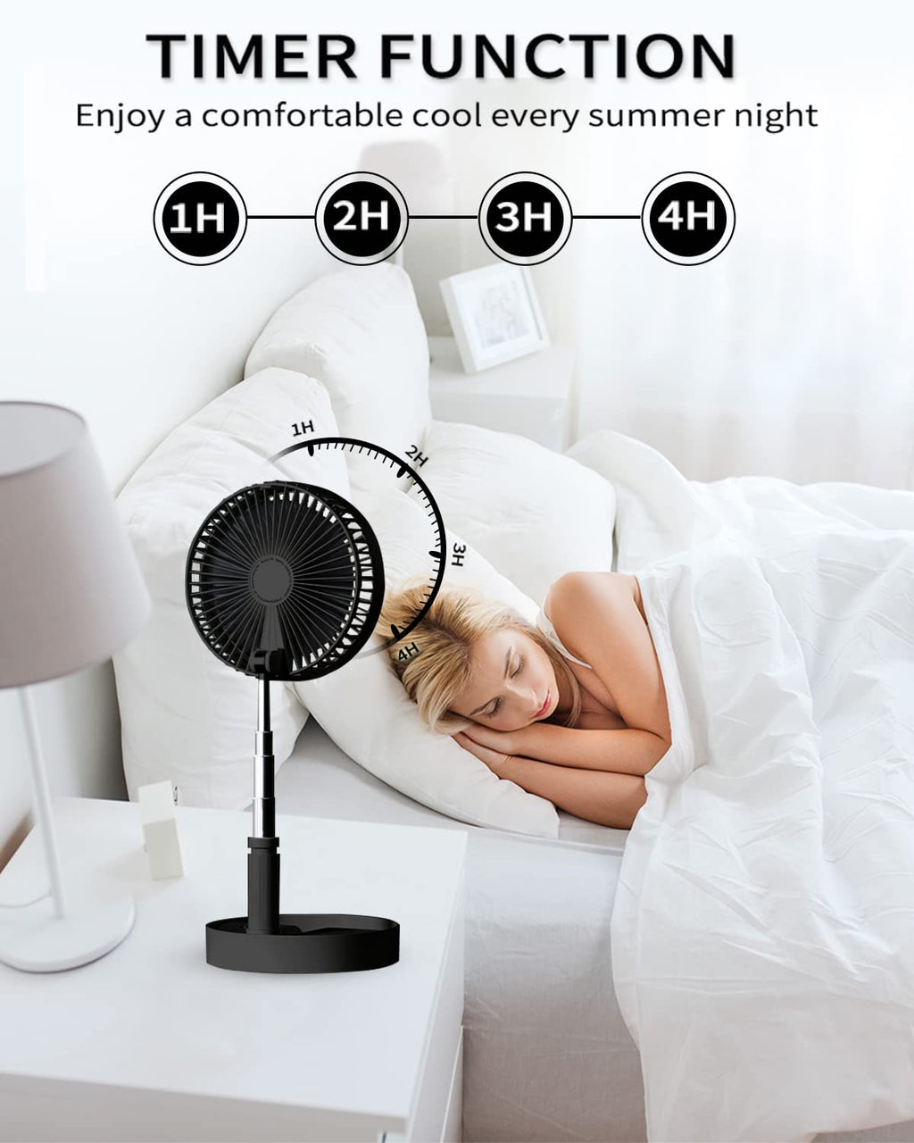 UN UNITEDTIME Portable Fan Foldable Rechargeable [Remote Control ] Battery Operated Foldaway Standing Pedestal Collapsible Fan, 4 Speed, Timer for Camping Travel, Bedroom (Black)