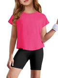 Haloumoning Girls Loose Athletic Shirts Short Sleeve Crop Tops Kids Quick Dry Gym Yoga Tees 5-14 Years