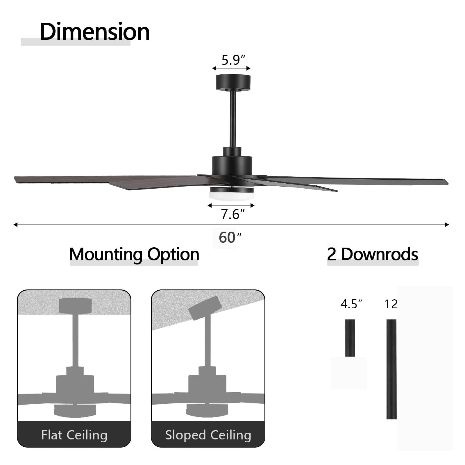 WINGBO 60" Ceiling Fan with Light and Remote Control, 6 Speed Reversible DC Motor, Dimmable LED Light, for Home and Commercial Use, Living Room/Shop/Warehouse Black/Walnut