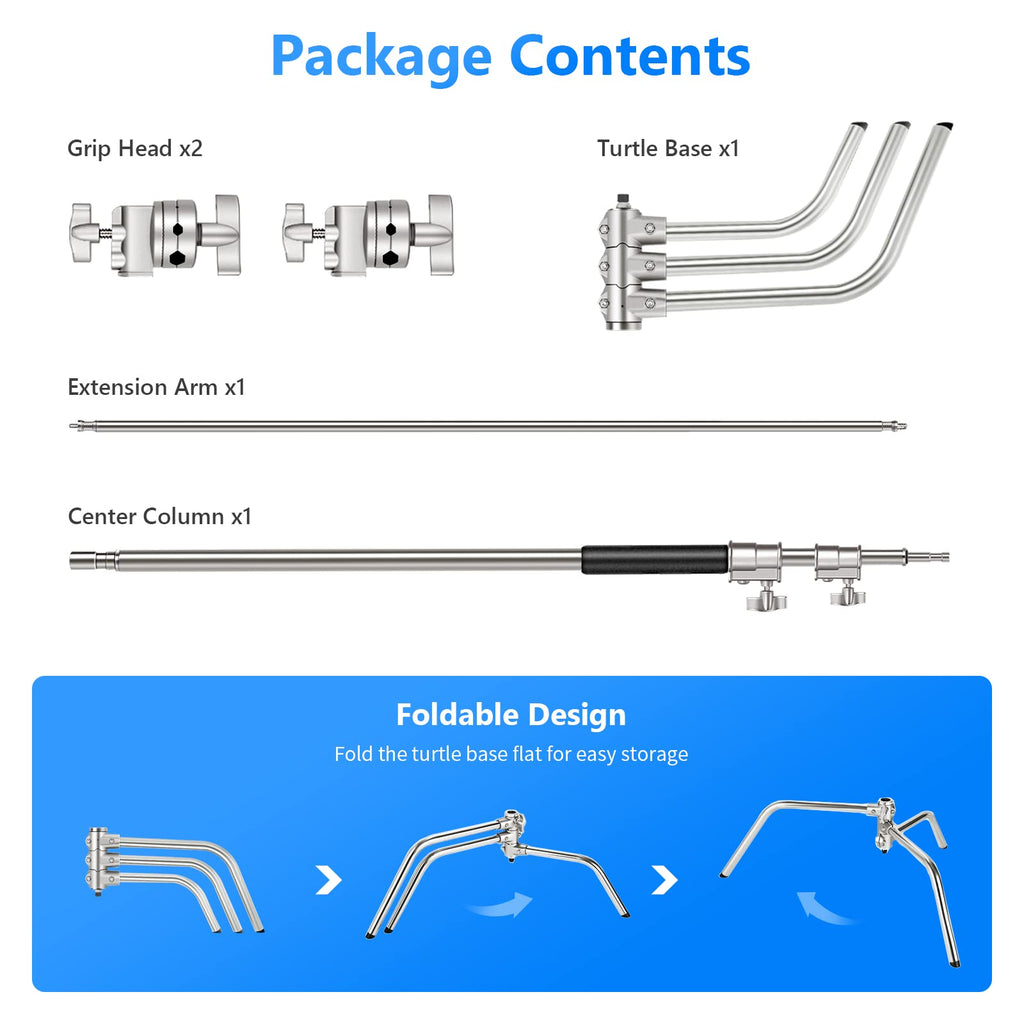 NEEWER Pro 100% Stainless Steel Heavy Duty C Stand with Boom Arm, Max Height 68"/172cm Photography Light Stand with 2.7ft/83cm Holding Arm, 2 Grip Head for Studio Monolight, Softbox, Reflector, SC172