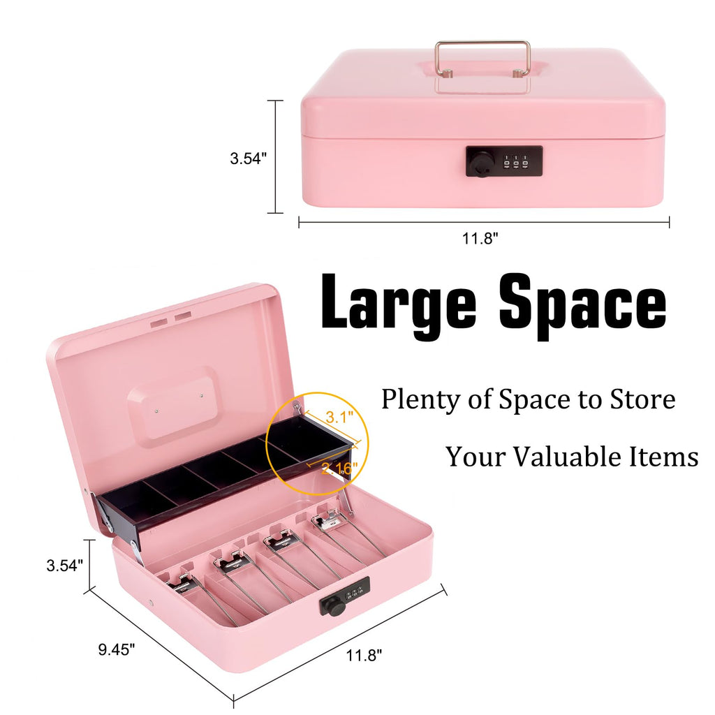 Cash Box with Money Tray and Key Lock, Saving Lock Box with Money Tray Storage for Cash Register 11.8"x9.45"x3.54" Black XL Large