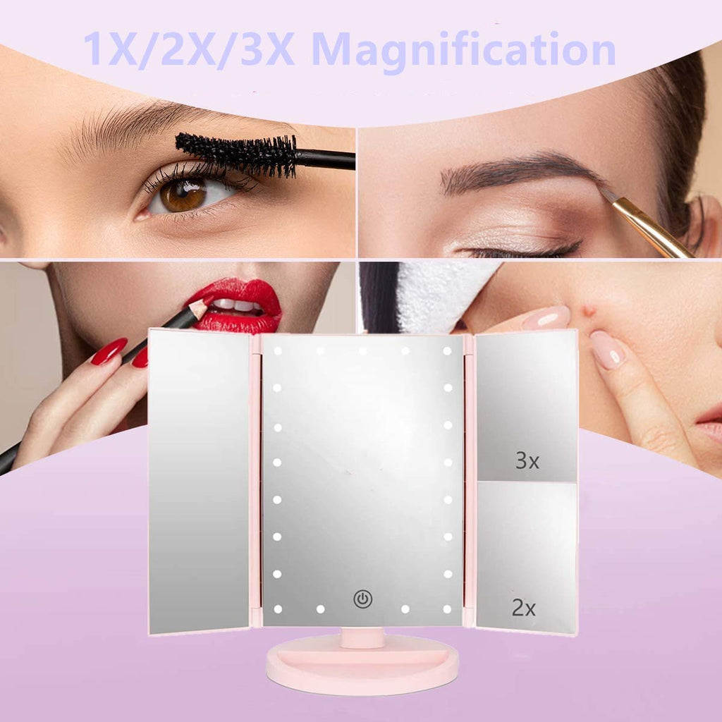 Flymiro Tri-fold Lighted Vanity Makeup Mirror with 3x/2x Magnification,Light up Mirror for Makeup,Touch Screen 21 LEDs,180° Rotation Countertop Cosmetic Mirror,Gifts for Women Mom Teen Girls