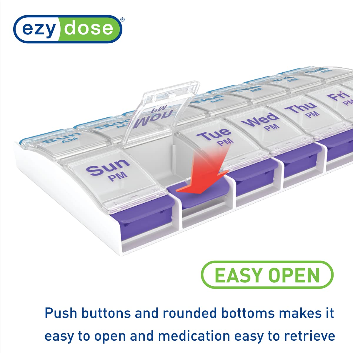 EZY DOSE Push Button (7-Day) Pill Case, Medicine Planner, Vitamin Organizer, 2 Times a Day, AM/PM Container, X-Large Compartments, Arthritis Friendly, Easy to Use, Transparent Lids, Black, BPA Free