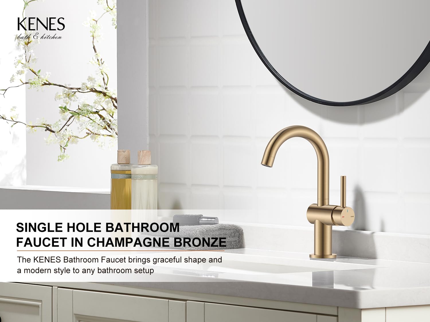 KENES Black and Gold Single Handle Bathroom Sink Faucet, Modern Prep Wet Bar Sink Faucet with Drain Assembly & Deck Plate, Vanity Faucets for Farmhouse RV Camper Utility, KE-9005B-BG