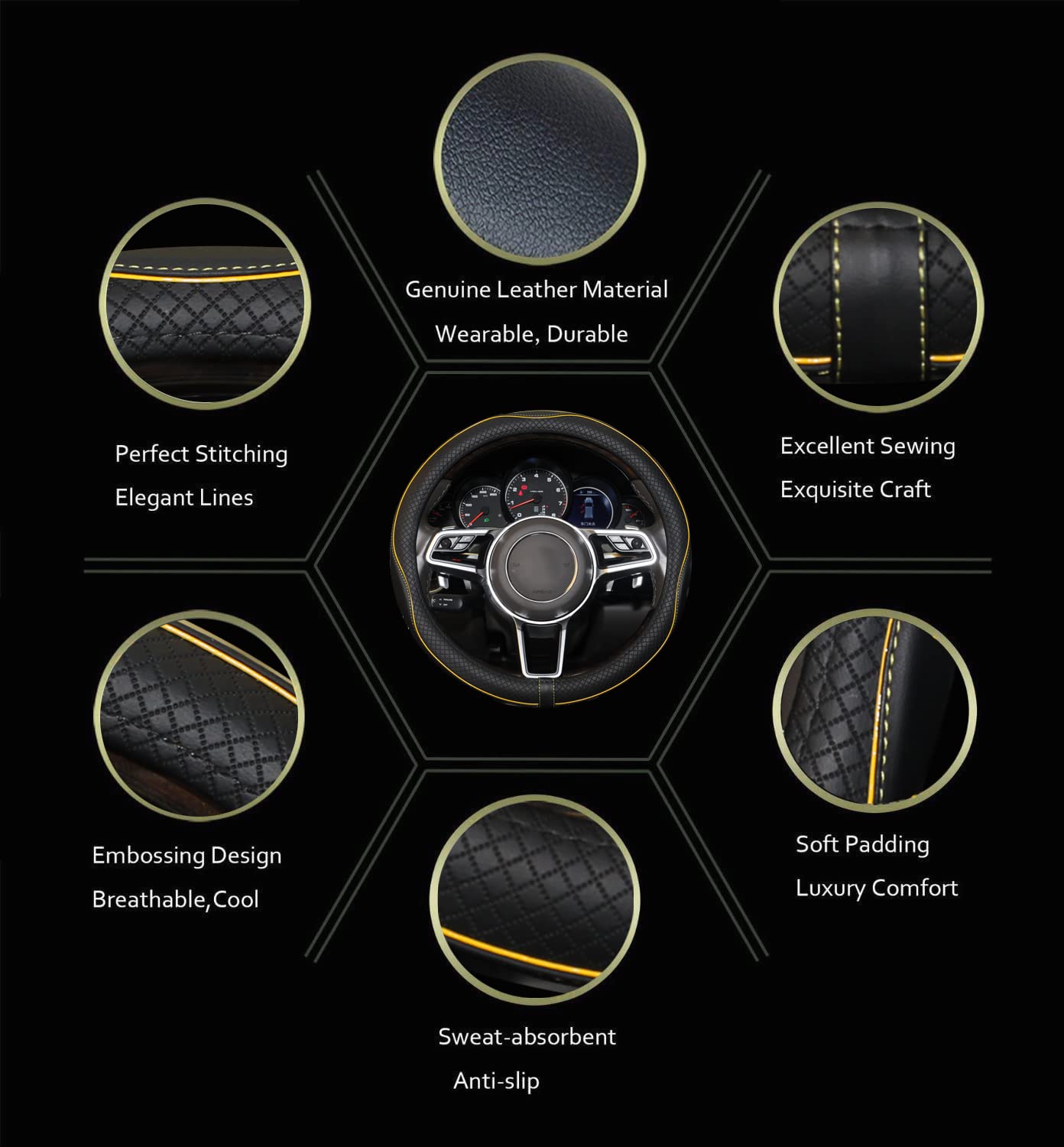 Car Steering Wheel Cover, Anti-Slip, Safety, Soft, Breathable, Heavy Duty, Thick, Full Surround, Sports Style (Black)