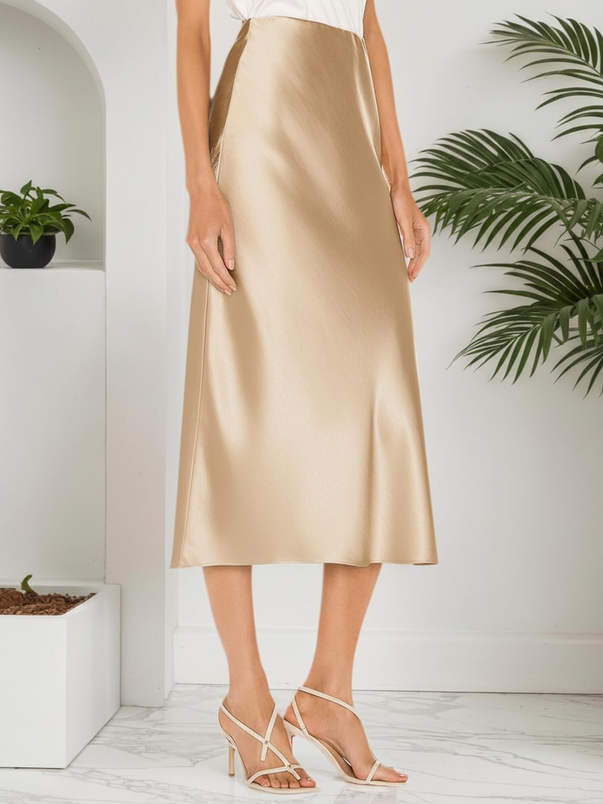 Amy Babe Womens Satin Silk High Waist Slit Midi Skirt Elastic Waistband Midi Skirts for Women