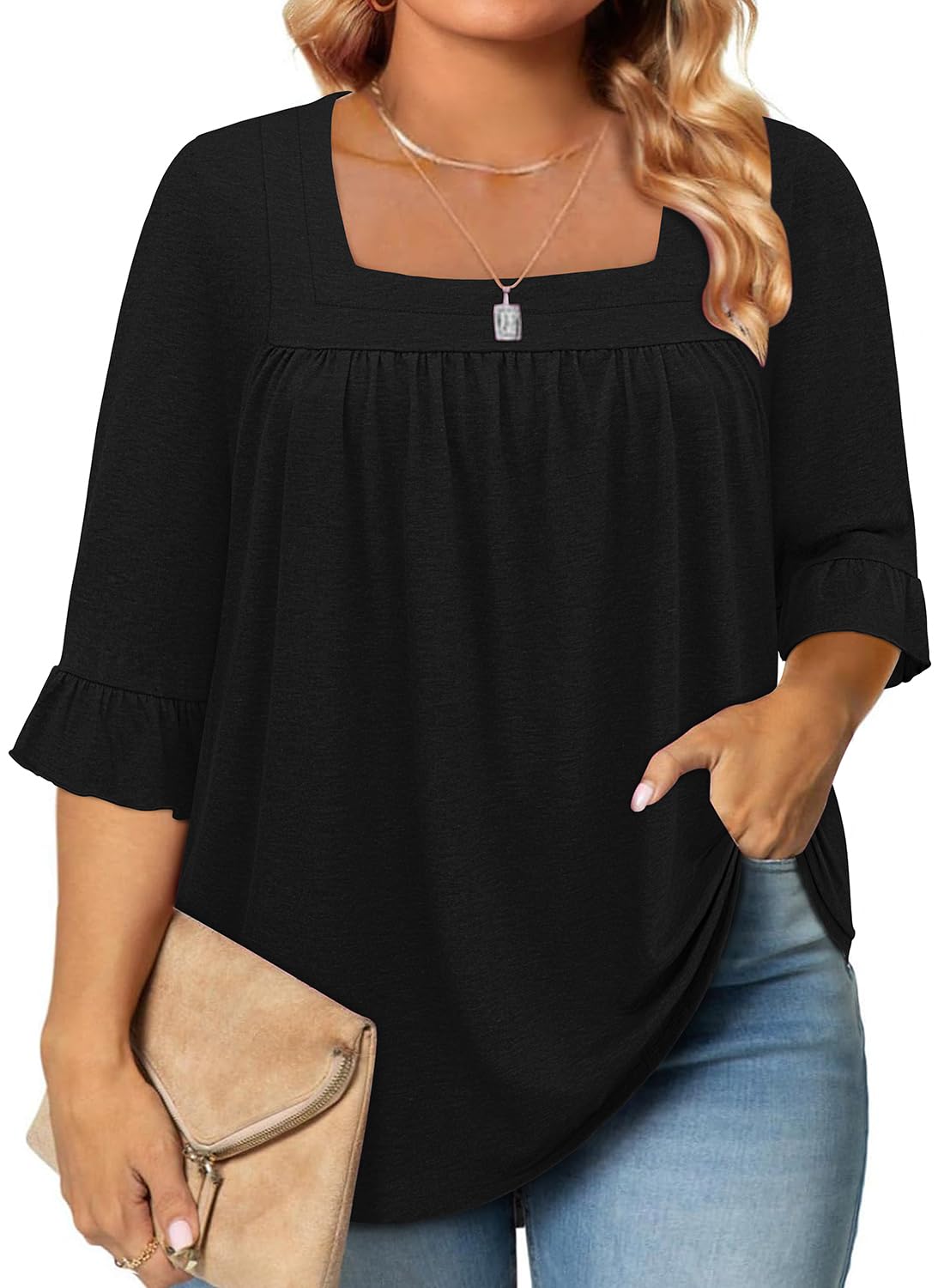 Siddhe Womens Plus Size Tops Loose Fit 3/4 Ruffle Sleeve Blouses Square Neck T Shirt Casual Tunic Tops(1X-5X)