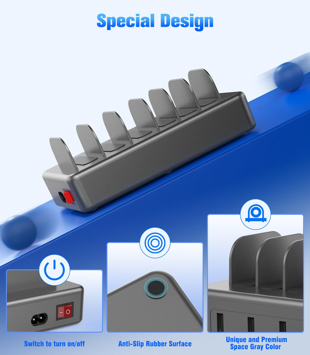 CREATIVE DESIGN 50W 6 Ports Multi Charger Station with 6 Charging Cables, USB Charging Dock for Multiple Devices, Compatible with Cellphone iPad Kindle Tablet and Other Electronic Devices