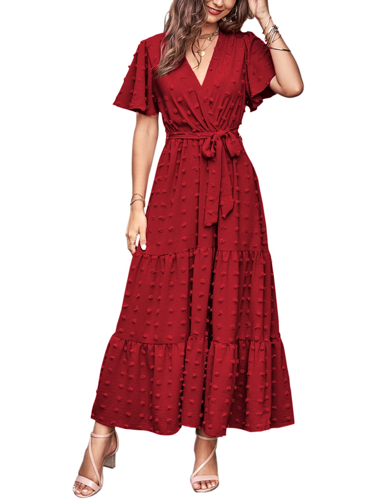 MASCOMODA Womens Summer Swiss Dot Maxi Dresses Wrap V Neck Flutter Short Sleeve Boho Casual Flowy Long Wedding Guest Dress