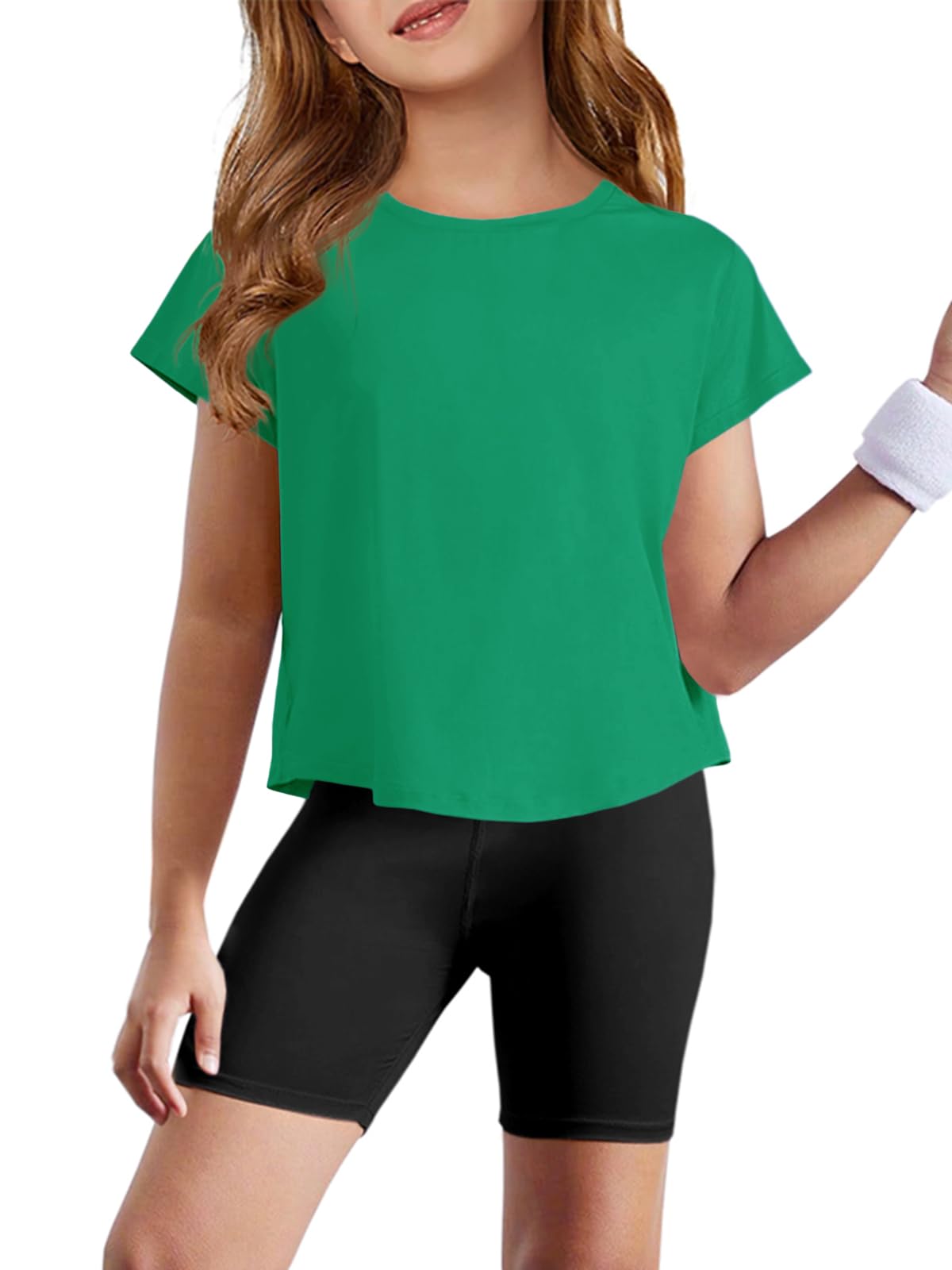 Haloumoning Girls Loose Athletic Shirts Short Sleeve Crop Tops Kids Quick Dry Gym Yoga Tees 5-14 Years
