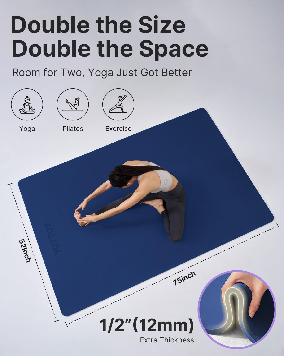 YOTTOY Large Yoga Mat (75 * 52 * 1/2inch),Extra Wide TPE Exercise Mat,Non-Slip Workout Mat for Pilates, Fitness, Barefoot, Home Gym Studio with Strap and Towel