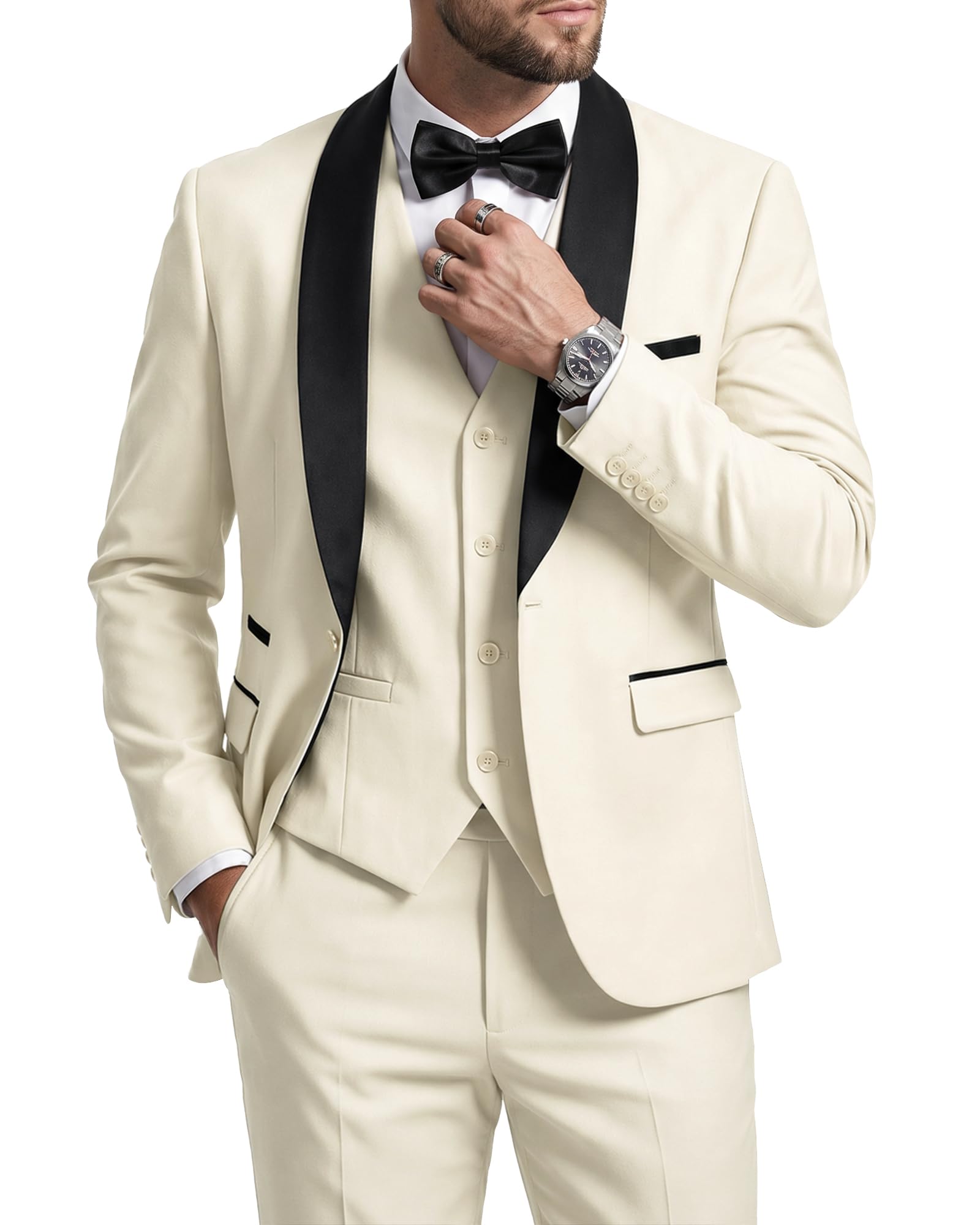 MrSure Men’s 3 Piece Slim Fit Suit, One Button Shawl Lapel Tuxedo, Premium Dinner Jacket Vest Pants & Tie Set