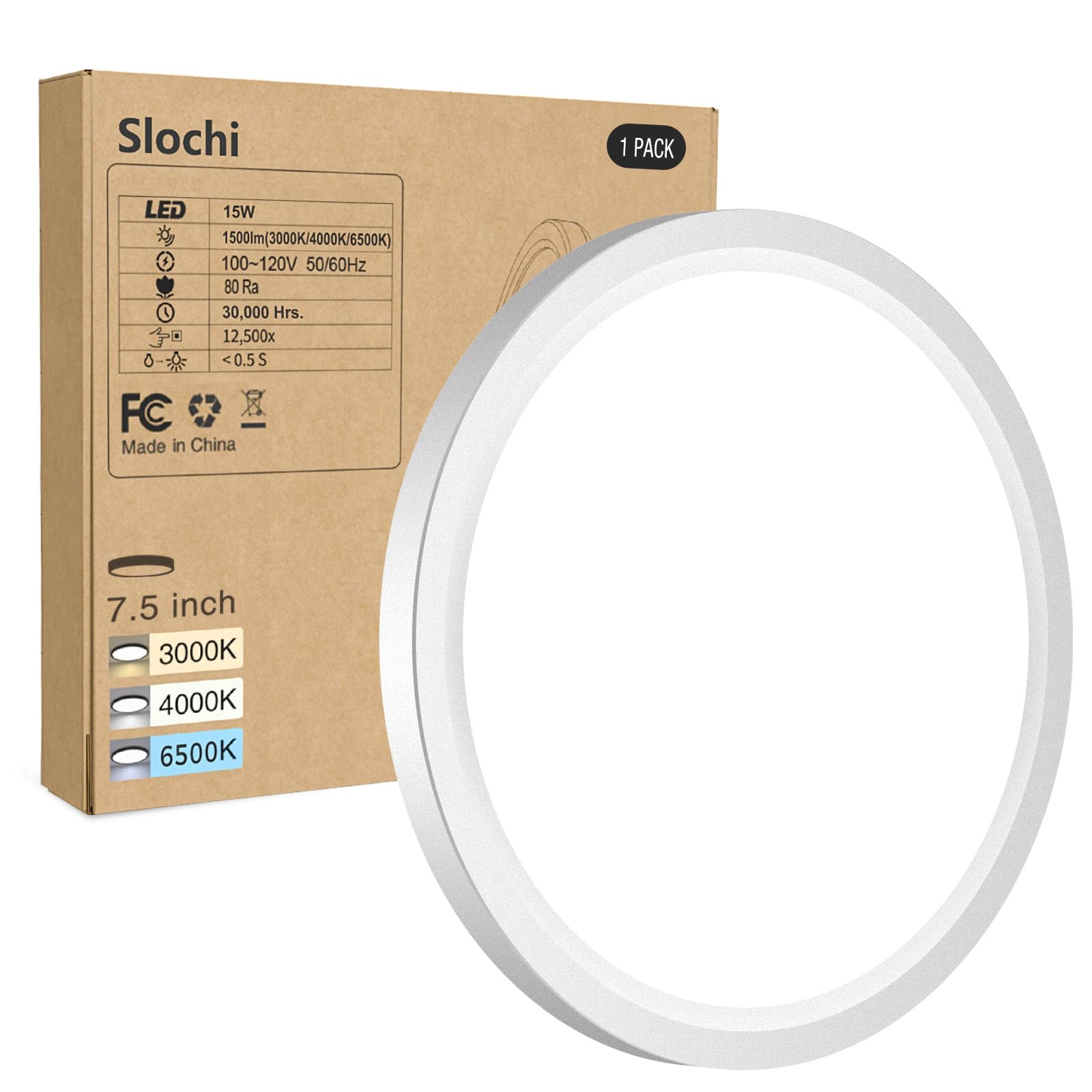 1PACK LED Flush Mount Ceiling Light Fixture, 3000K-4000K-6500K & 100W Equivalent Modern Kitchen Ceiling Lamp 15W 1500Lm 7.5 Inch Closet Round Surface for Bathroom Laundry Bedroom Hallway, Black