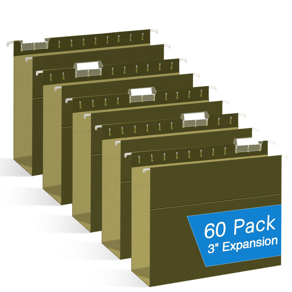 Extra Capacity Hanging File Folders, RAZCC 60 Pack Letter Size Reinforced Hanging Folders with Heavy Duty 1 Inch Expansion for Bulky Files, Filing Cabinet, Adjustable Tabs, Green