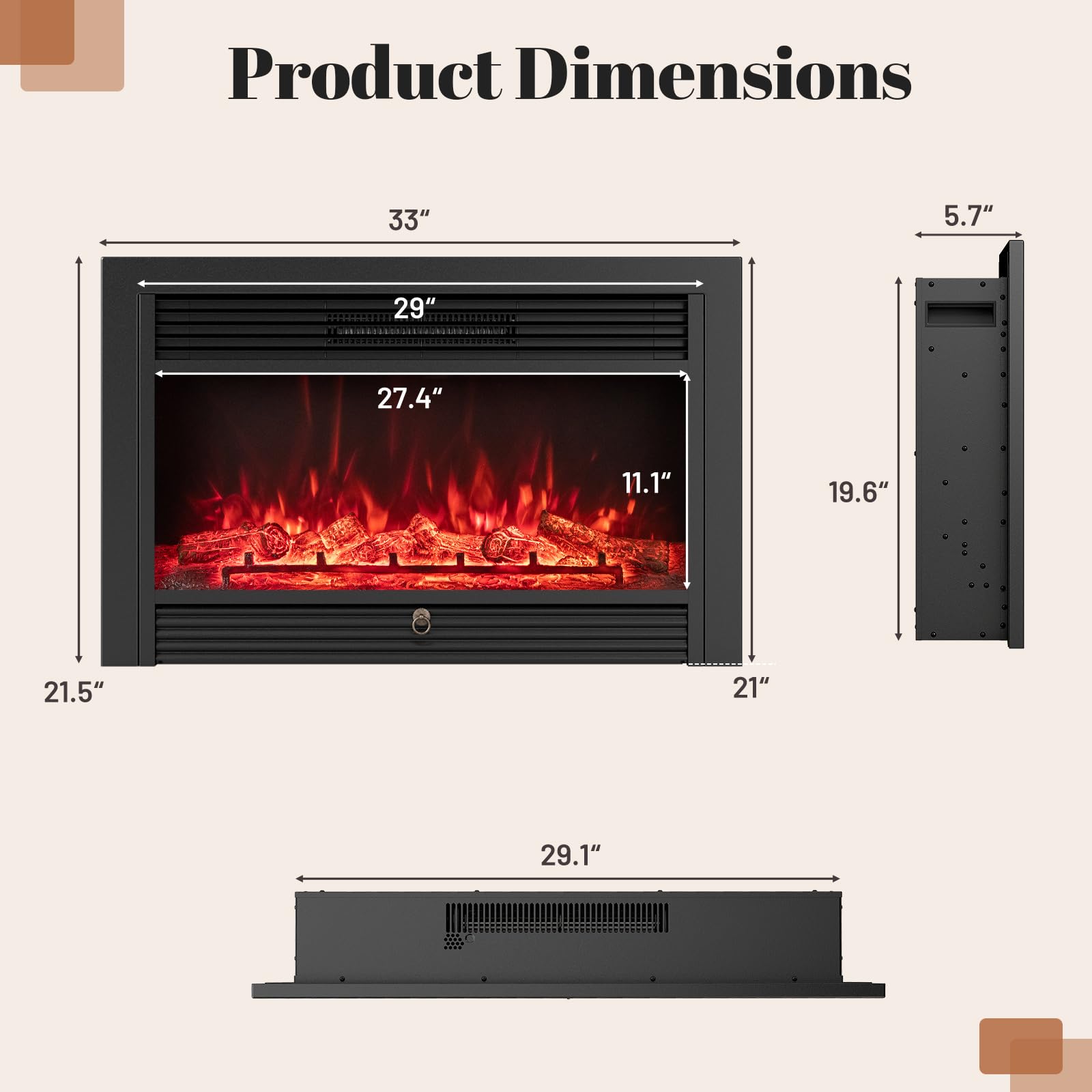 Giantex 18" Electric Fireplace Insert Heater, Wall Recessed/Mounted Fire Places Electric Fireplace with Remote, 2 Modes Heat, 9H Timer, 5 Brightness, 750/1500W Freestanding Fireplace