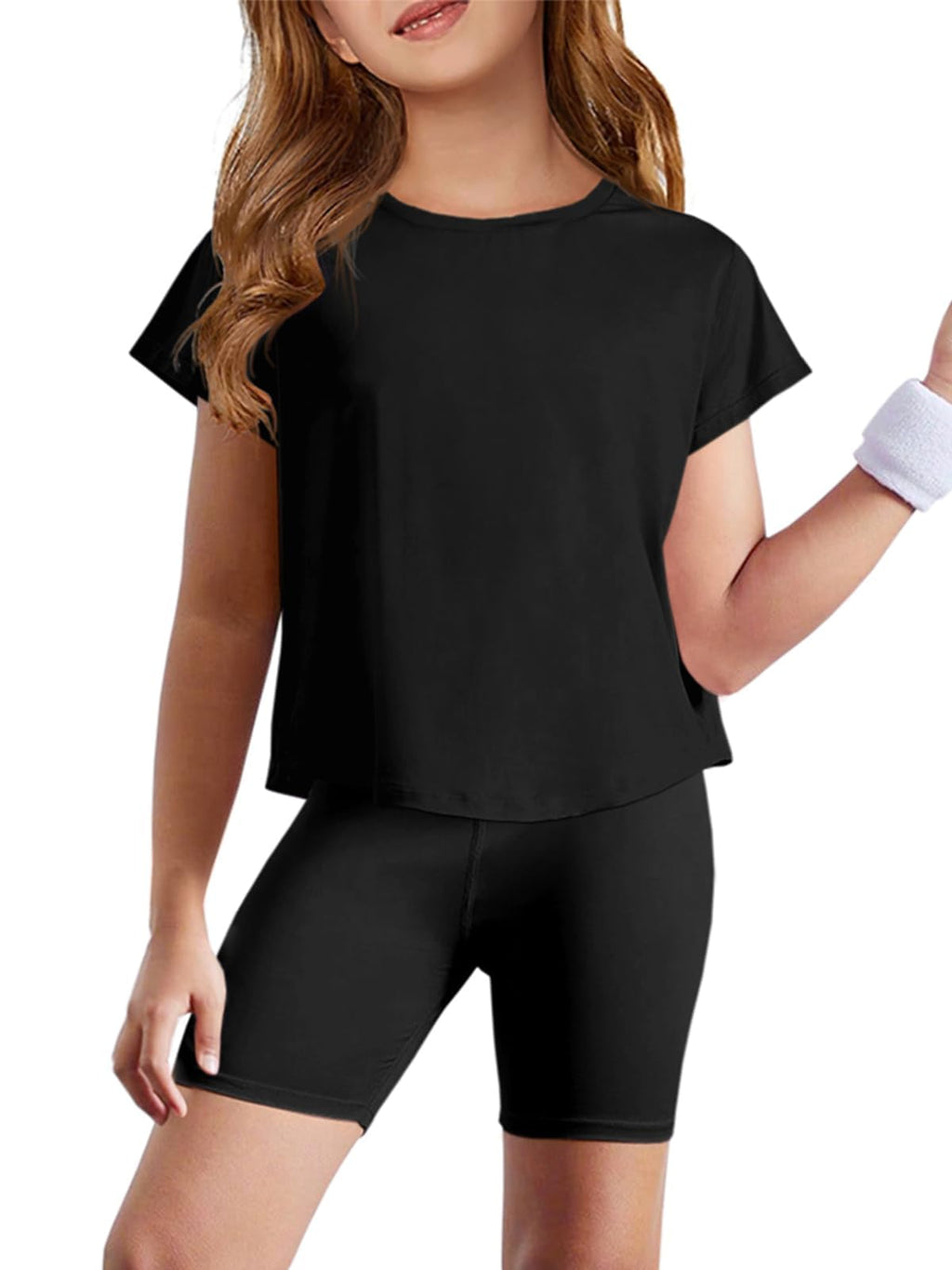 Haloumoning Girls Loose Athletic Shirts Short Sleeve Crop Tops Kids Quick Dry Gym Yoga Tees 5-14 Years