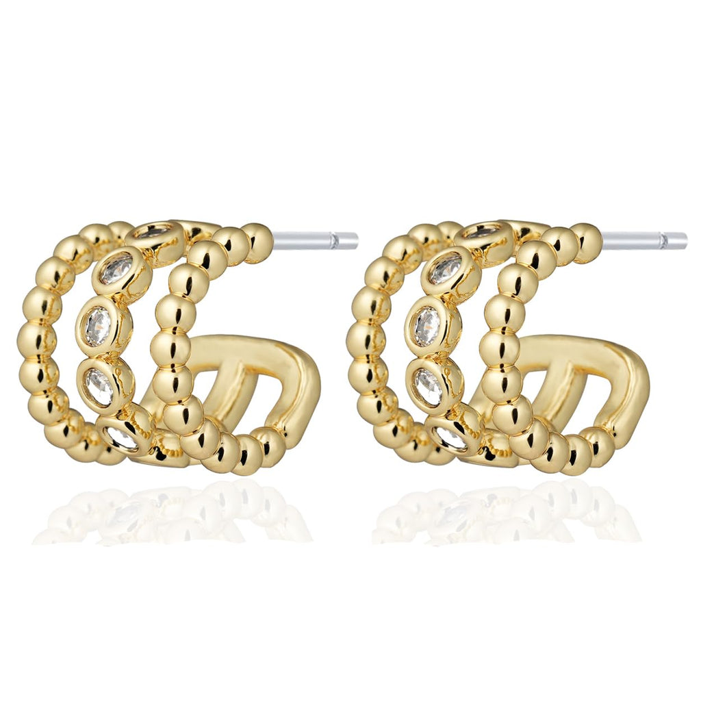 Obidos 14K Gold Plated Illusion Stud Earrings for Women | Triple Huggie Hoop Earrings for One Hole| Trendy Simple Hypoallergenic Fashion Accessories Gold Jewelry Gifts for Womens
