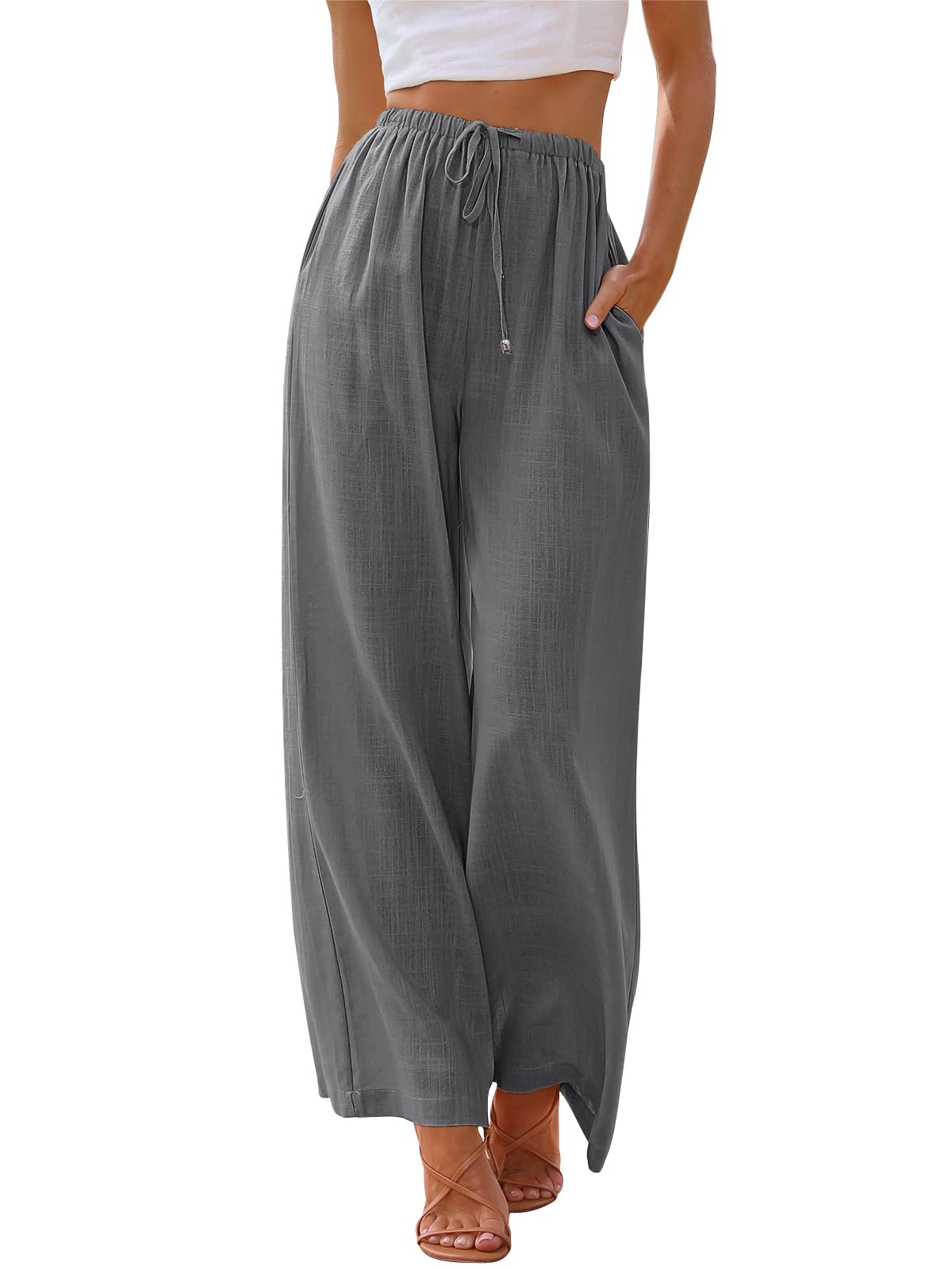 LILLUSORY Women's Linen Summer Palazzo Pants Flowy Wide Leg Beach Pants with Pockets