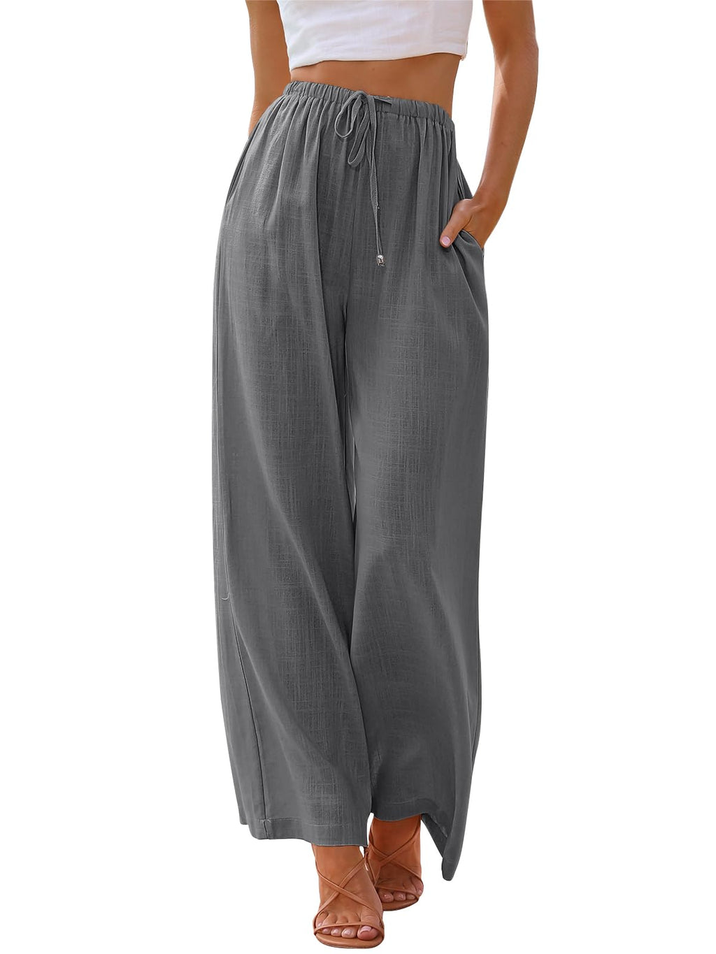 LILLUSORY Women's Linen Summer Palazzo Pants Flowy Wide Leg Beach Pants with Pockets
