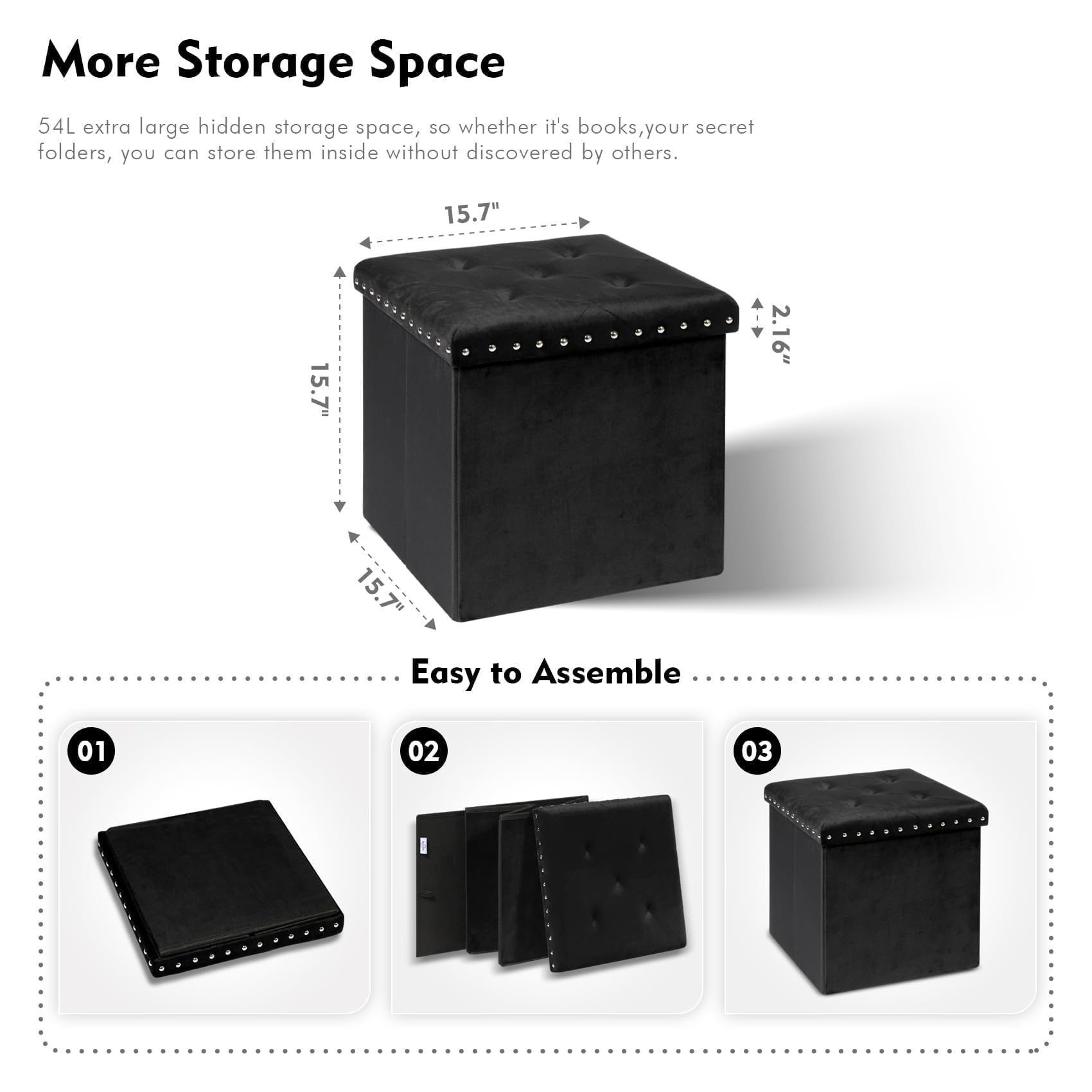 B FSOBEIIALEO Storage-Ottoman Cube-Folding Tufted - Ottomans with Storage, Coffee Table Top Cover, Storage Boxes Footrest Stool for Bedroom, Luxury Velvet Fabric 15.7 Inches Black