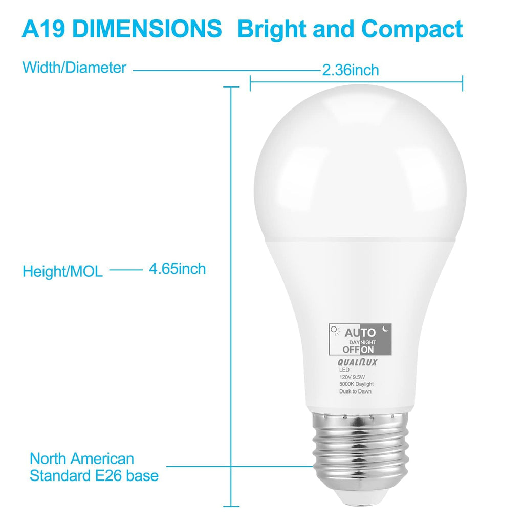 Qualilux Dusk to Dawn A19 LED Light Bulbs 850LM, 60W Equivalent, Daylight, Energy-Efficient 9.5W, A19, E26 Base, 2-Pack, HQ-H011