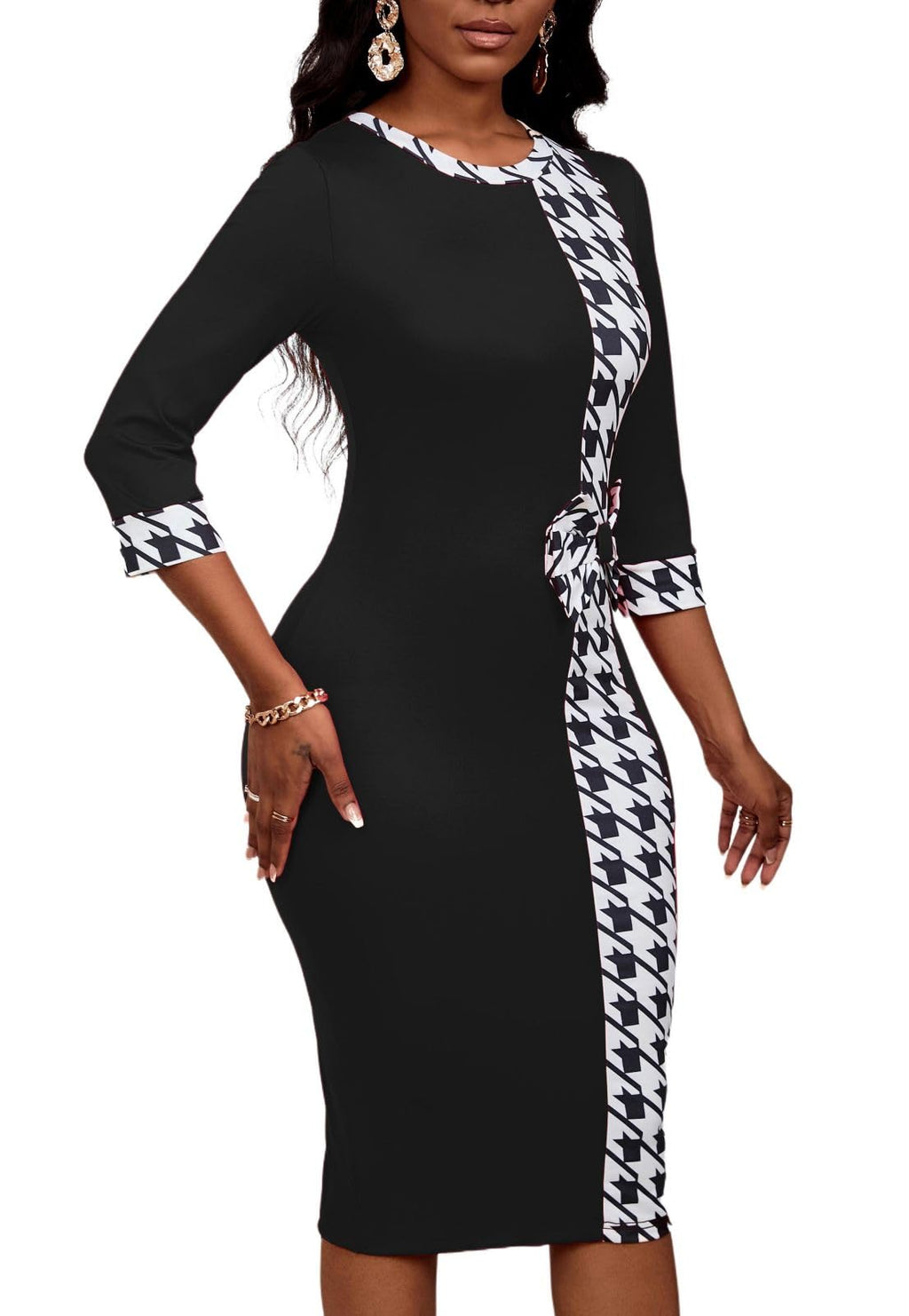 PerZeal Women's 3/4 Sleeve Round Neck Casual Houndstooth Bodycon Wear to Work Pencil Sheath Midi Dresses